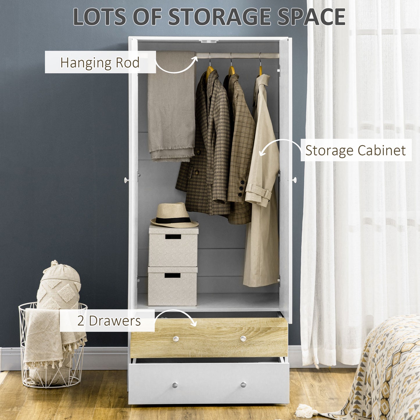 Coralia White and Natural 2 Door Wardrobe With Hanging Rail and 2 Drawers
