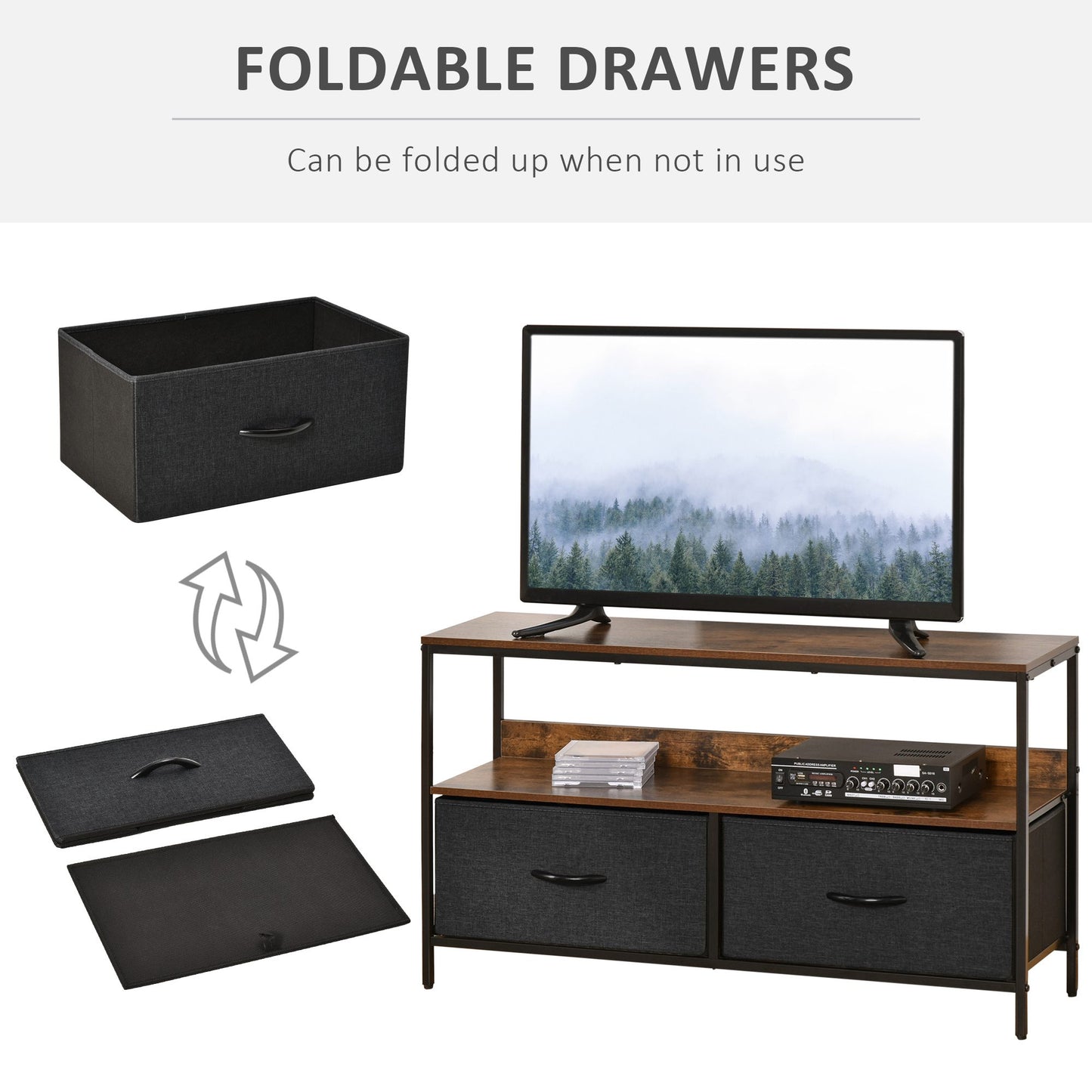 Lelo 98cm Wooden Rustic Brown TV Stand With 2 Fabric Fold Down Storage Drawers