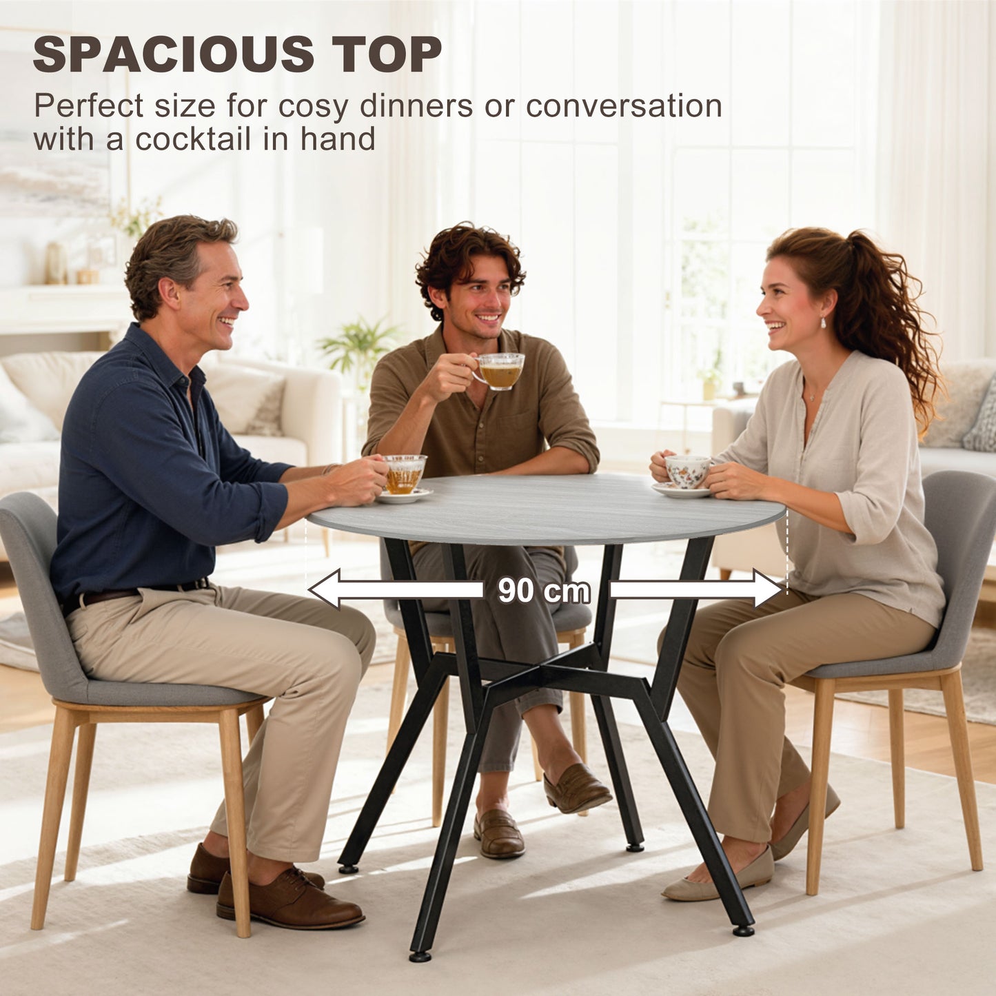 Donato Ziva Grey Round Dining Table With Black Metal Legs And Anti Slip Feet 90cm