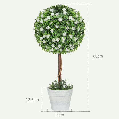 Rahafi Set Of 2 Artificial Rose Flower Topiary Ball Trees In Pots H8 60cm White