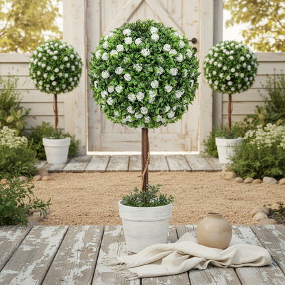 Rahafi Set Of 2 Artificial Rose Flower Topiary Ball Trees In Pots H8 60cm White