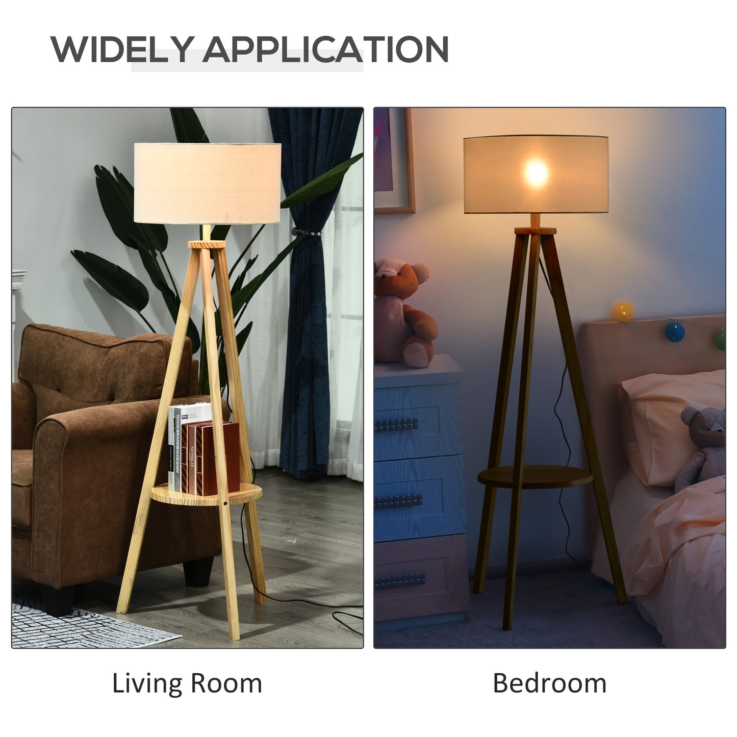 Laravi Natural Wood And Fabric Cream Tripod Floor Lamp With Shelf And Linen Shade 154 cm