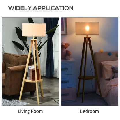 Laravi Natural Wood And Fabric Cream Tripod Floor Lamp With Shelf And Linen Shade 154 cm