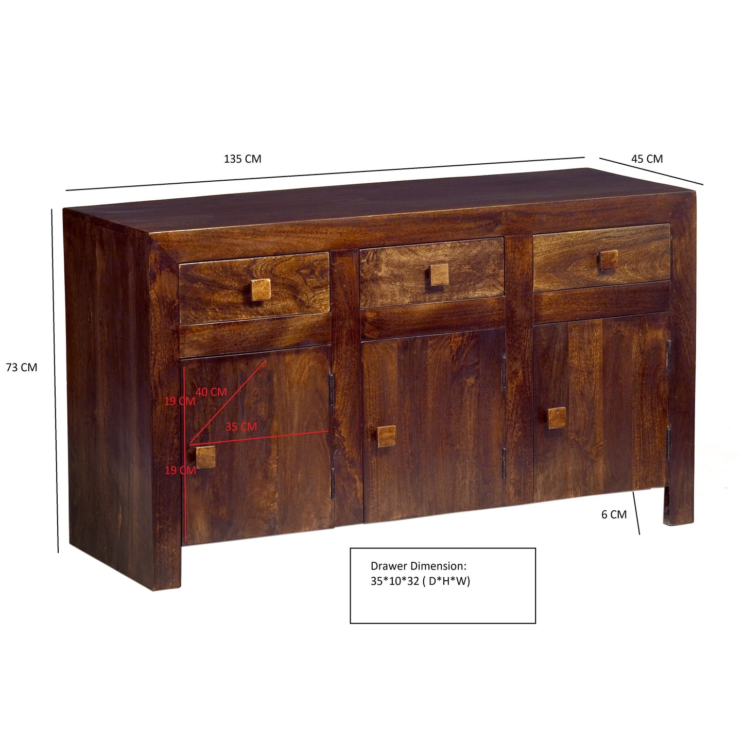 Phuket Dark Mango Wood Large Sideboard 3 Drawers 3 Doors