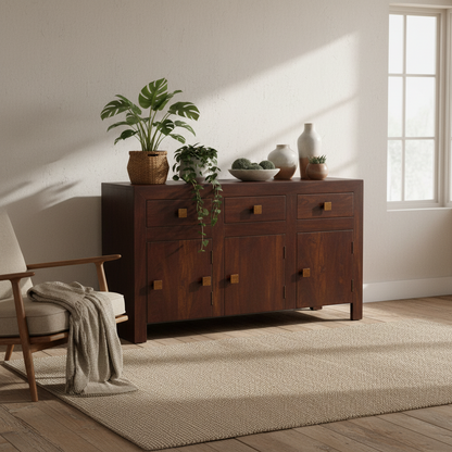 Phuket Dark Mango Wood Large Sideboard 3 Drawers 3 Doors