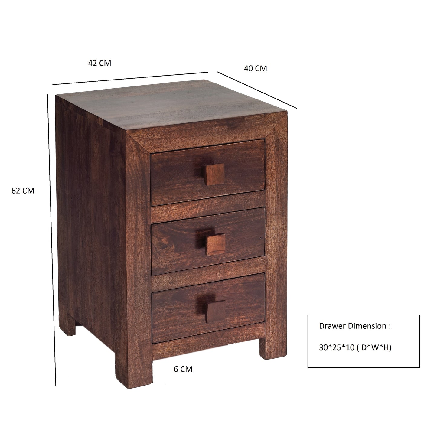 Phuket Dark Mango Wood 3 Drawer Bedside Table