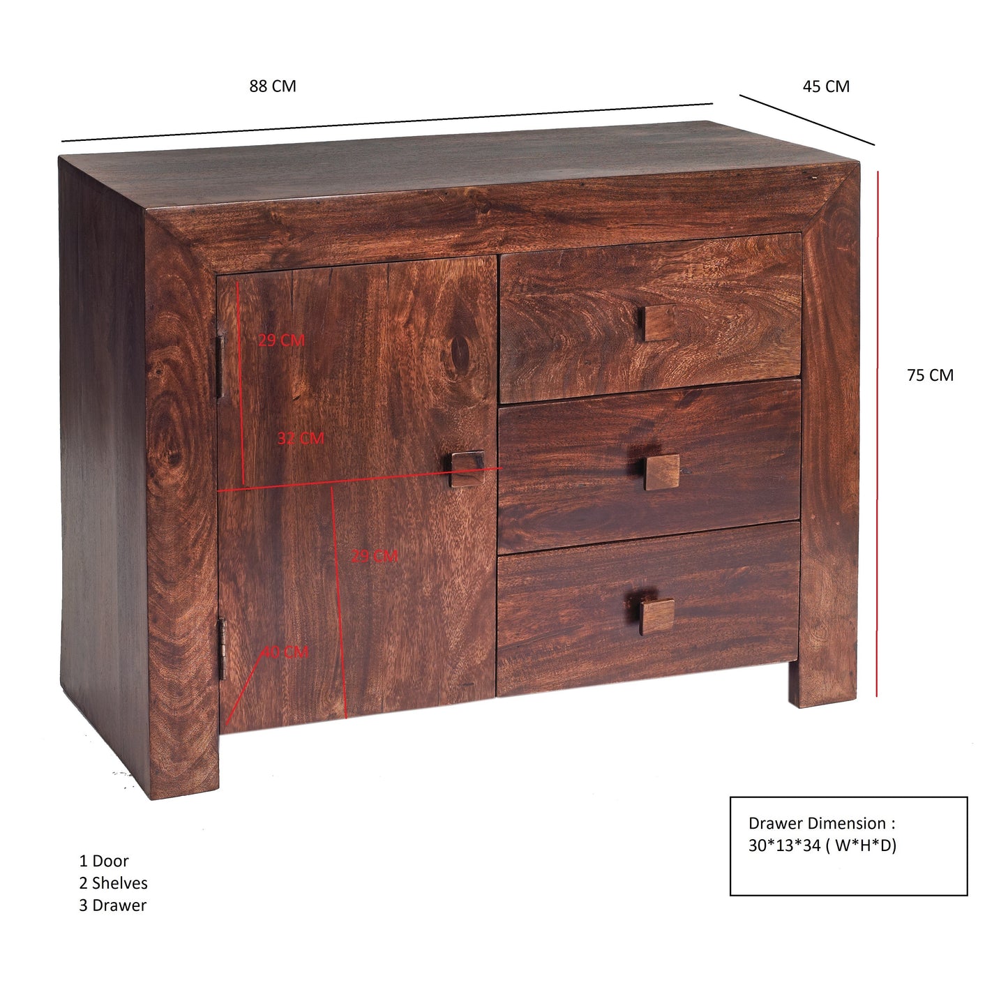 Phuket Dark Mango Wood 3 Drawer Sideboard 1 Door 3 Drawers