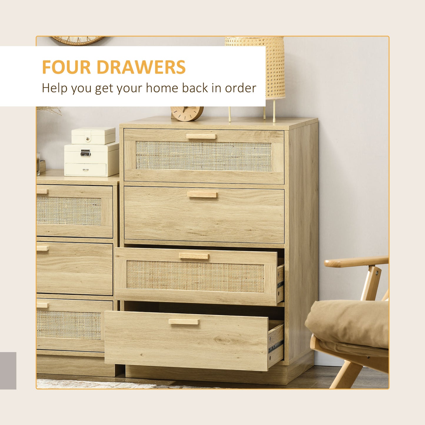 Reredito Wooden Wood Effect 4 Drawer Chest With Rattan Panels
