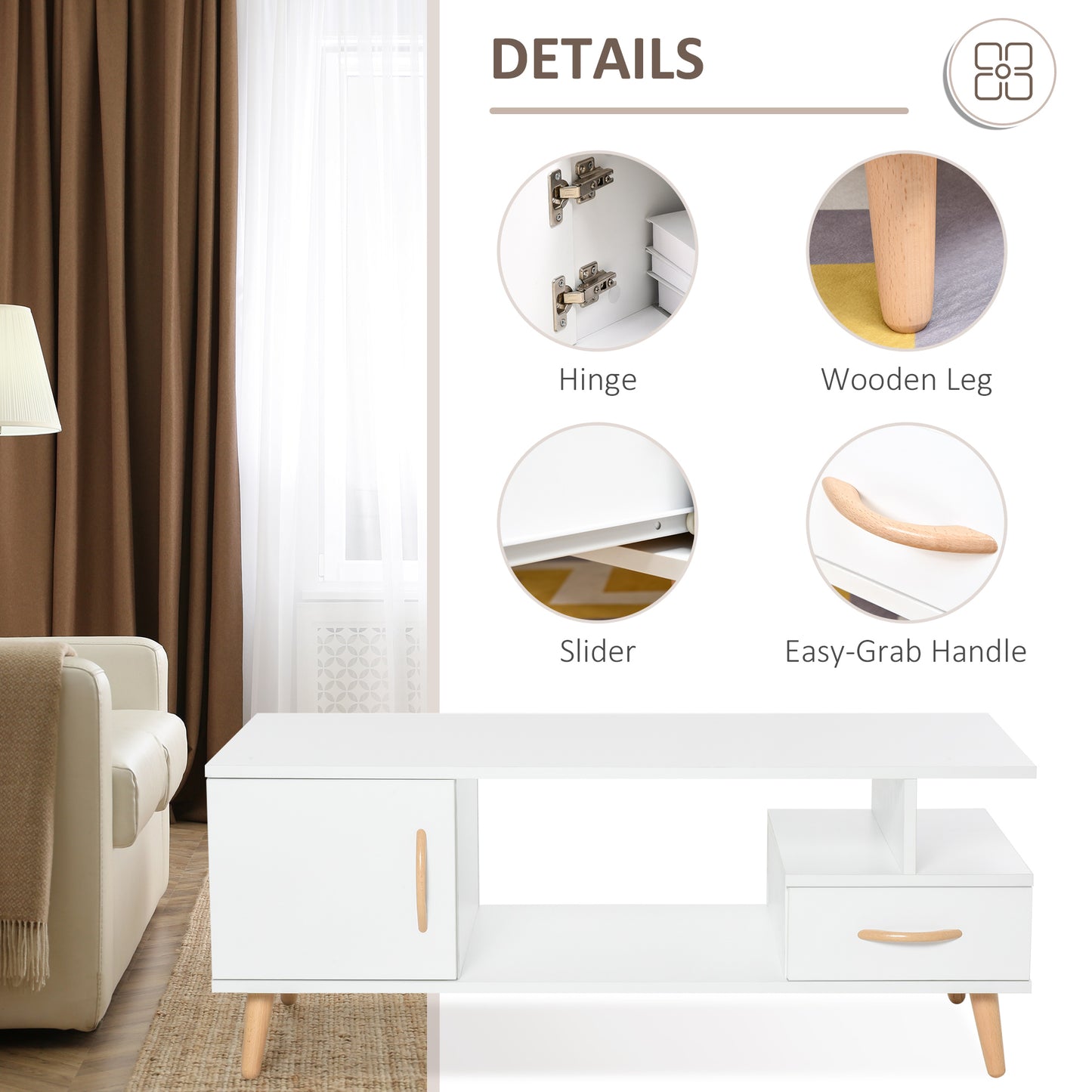 Lusayo Wooden White Minimalist Coffee Table With Storage Shelf And Drawer