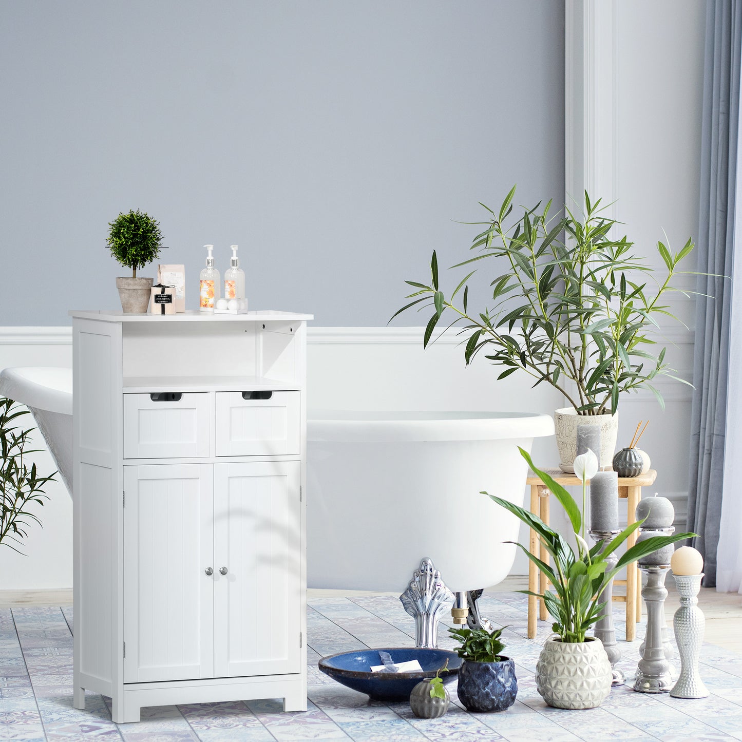 Sore Neco Freestanding White Bathroom Storage Unit With 2 Drawers And Adjustable Shelving