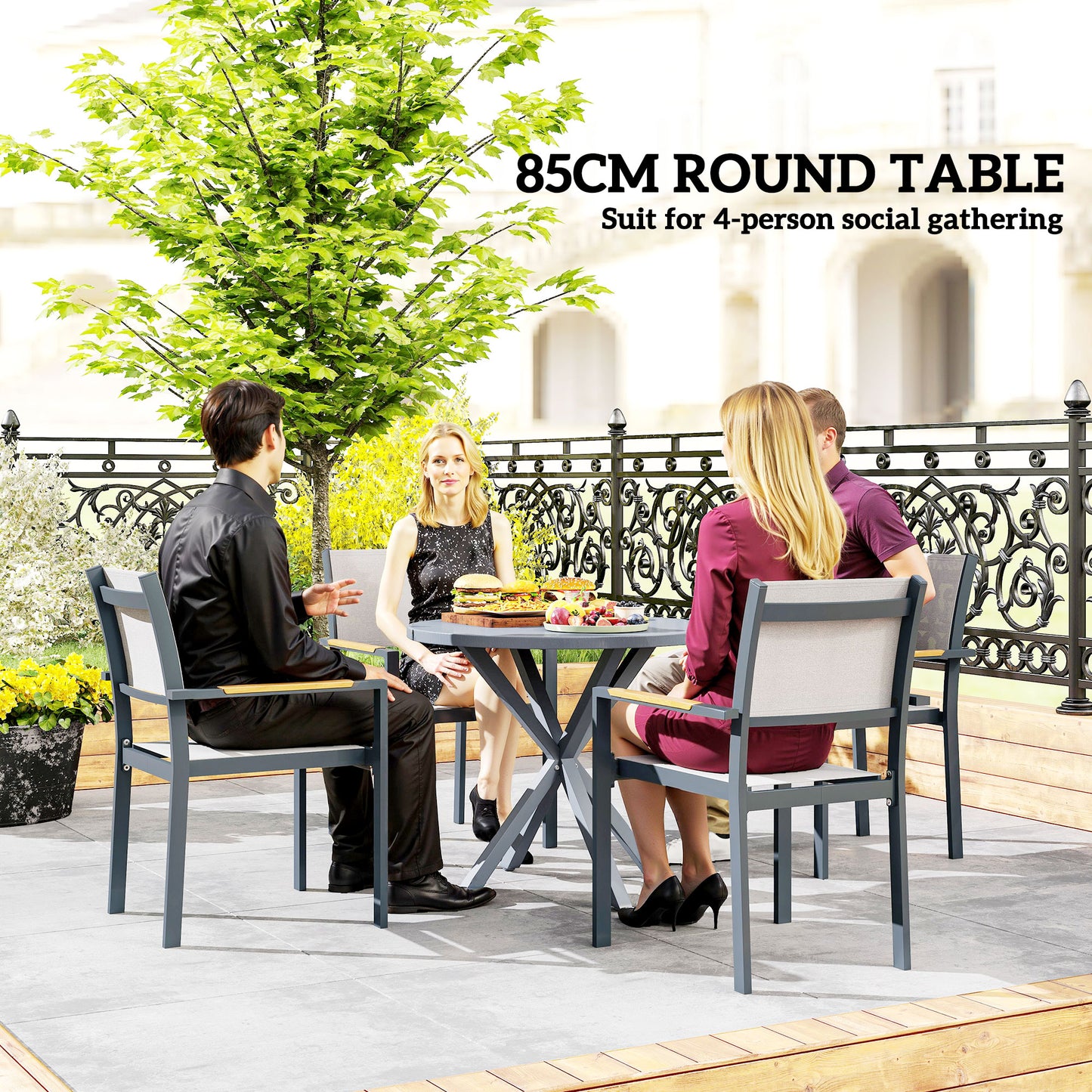 Revafa Metal Grey Round Garden Dining Table With Wood Effect