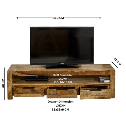 London Natural Mango Wood Large TV Cabinet with 3 Drawers and 1 Shelf