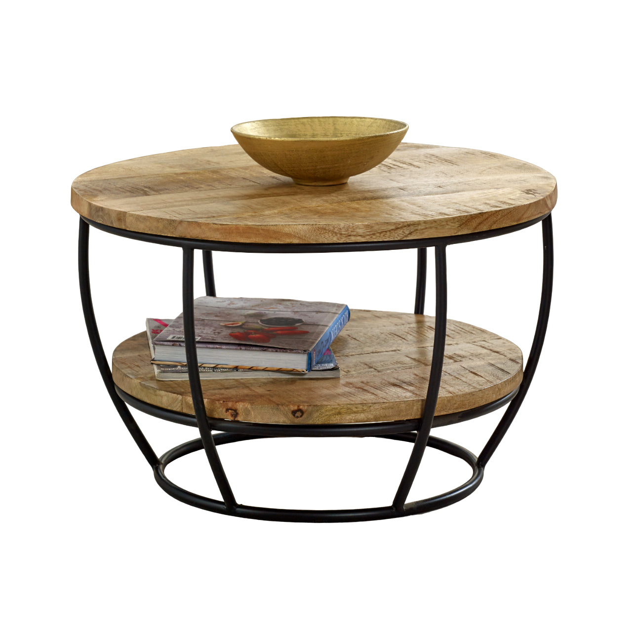 California Solid Wood and Metal Round Coffee Table With Shelf