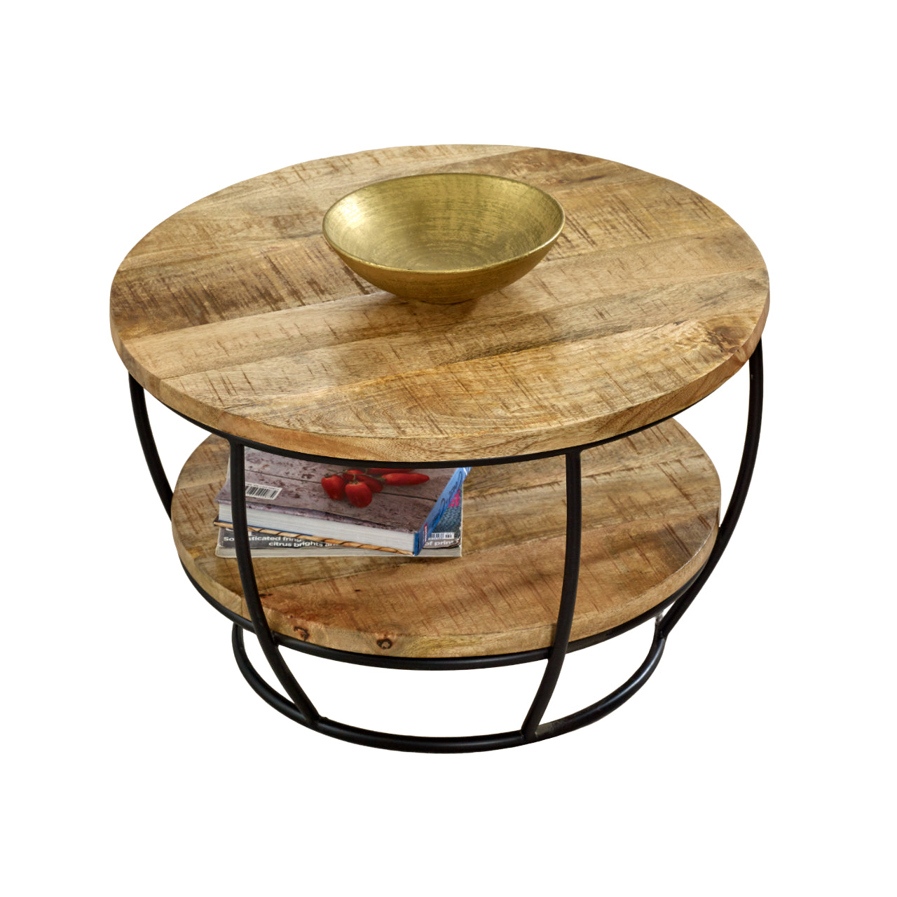 California Solid Wood and Metal Round Coffee Table With Shelf