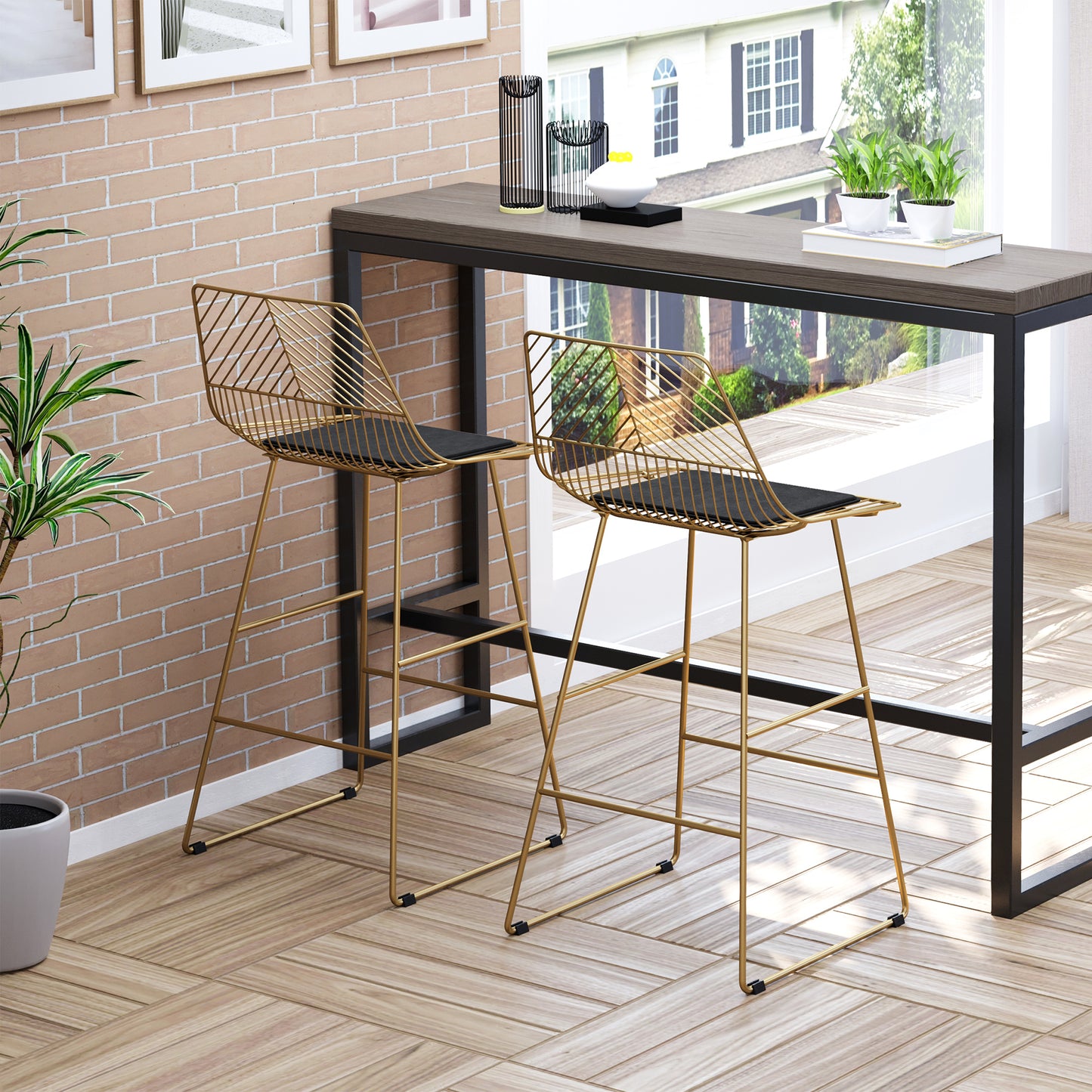 Sunira Metal Gold Counter H8 Bar Stools Set Of 2 With Wire Frame Design