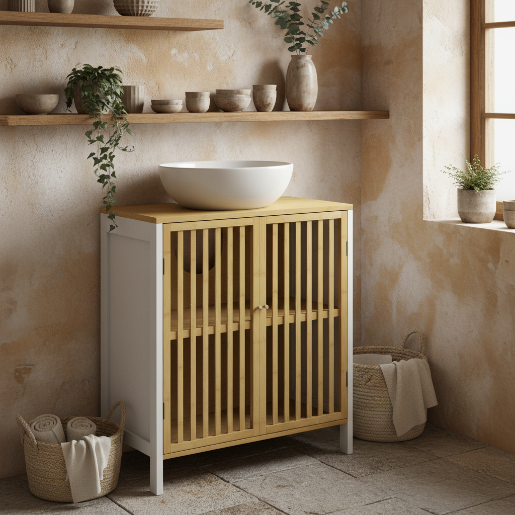 Neyora Bamboo Style Under Sink Bathroom Storage Cabinet With Cut Out Front