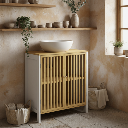 Neyora Bamboo Style Under Sink Bathroom Storage Cabinet With Cut Out Front
