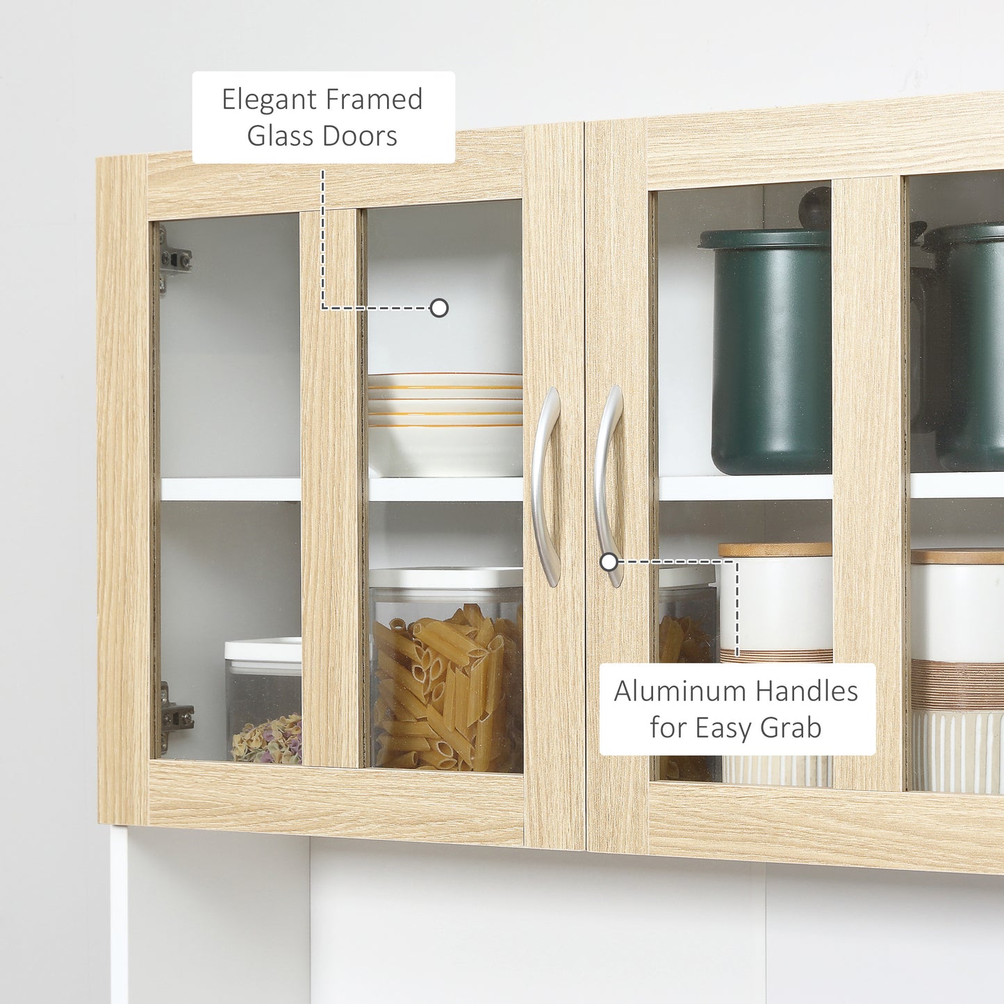 Vefaso Wooden White Tall Kitchen Hutch With Central Drawer Glass Door Cabinets And Countertop 180 cm