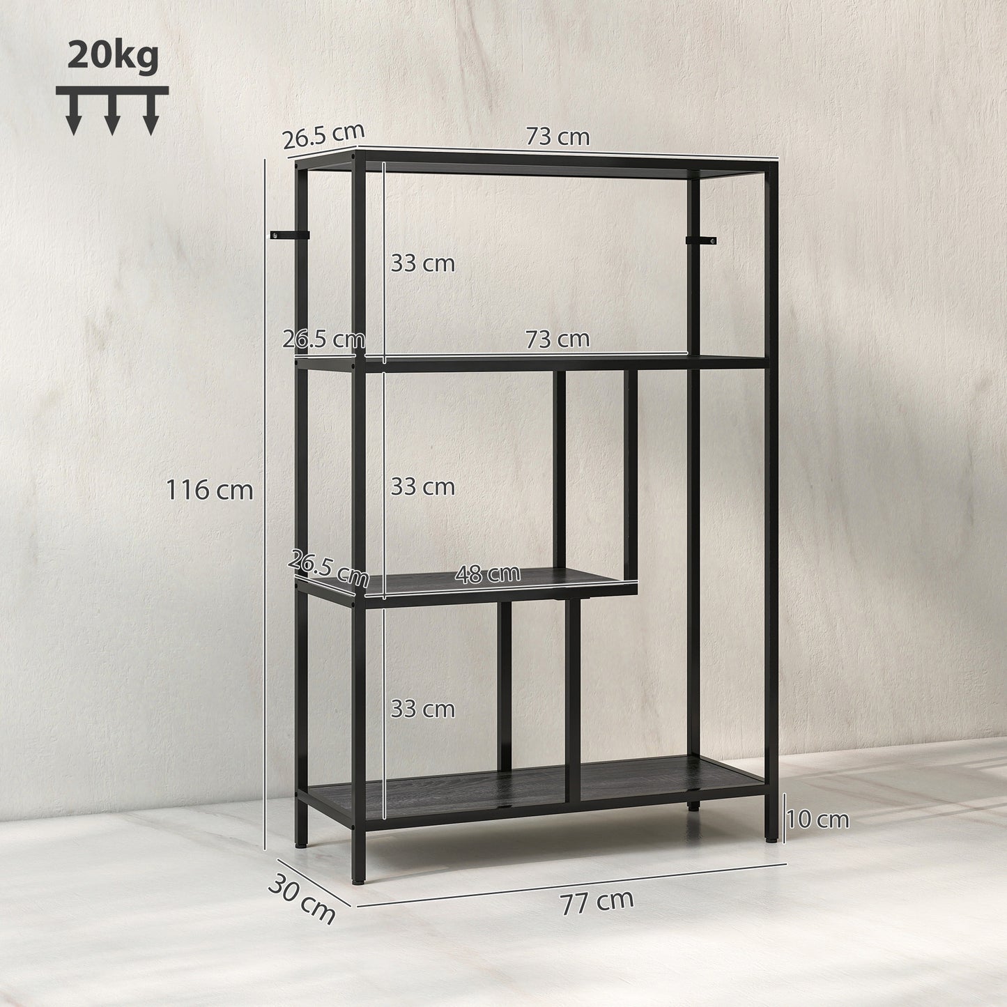 Risudo Wood Charcoal Grey 4 Tier Bookcase With OFauxn Shelving