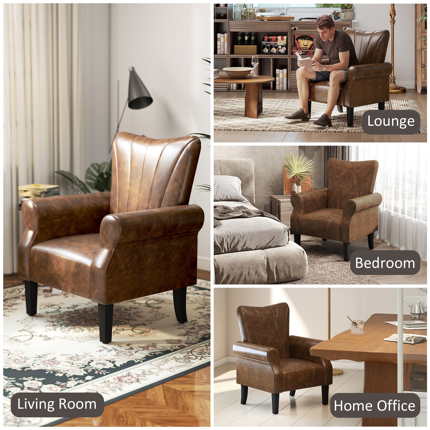 Vafi Brown Faux Leather Mid Century Accent Armchair With Rolled Arms And Wooden Legs