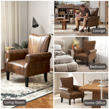 Vafi Brown Faux Leather Mid Century Accent Armchair With Rolled Arms And Wooden Legs