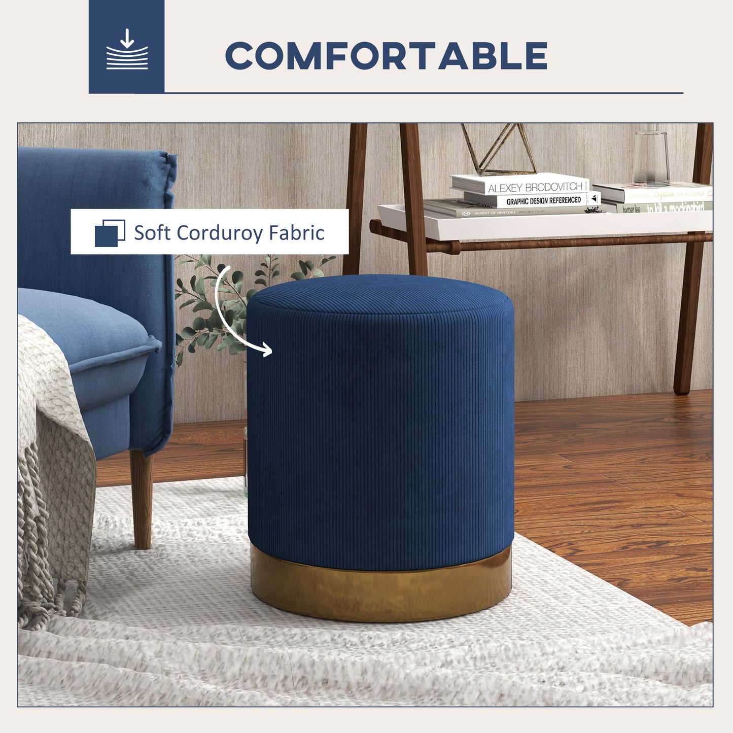 Tamo Bala Corduroy Dark Blue Soft Padded Footstool Gold Accent