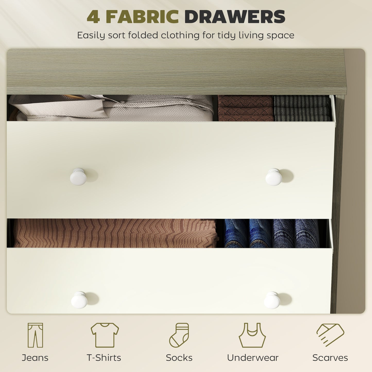 Cottola Fabric And Metal White And Grey 4 Drawer Storage Dresser