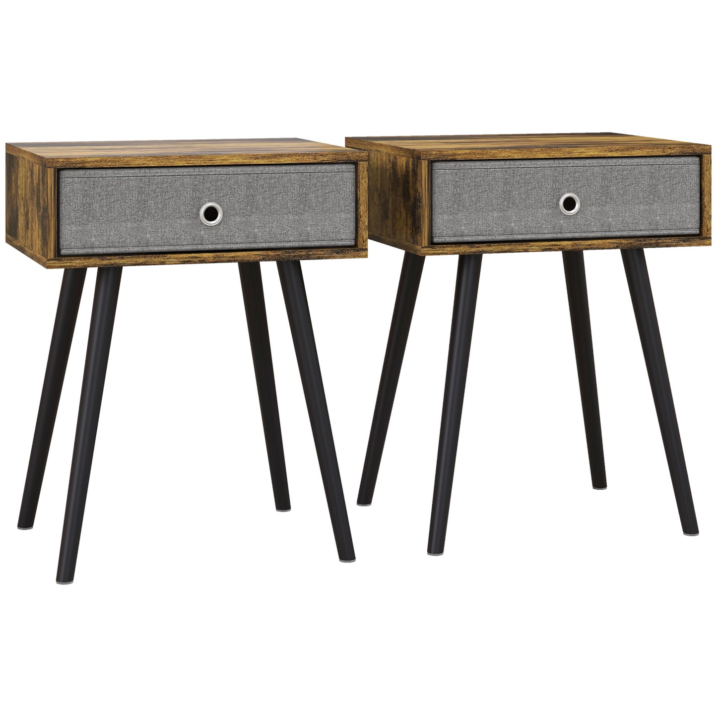 Loyo Set Of 2 Wooden Rustic Brown Industrial Bedside Tables With Grey Fabric Drawer