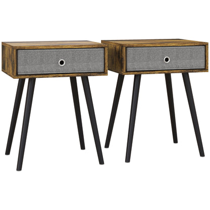 Loyo Set Of 2 Wooden Rustic Brown Industrial Bedside Tables With Grey Fabric Drawer
