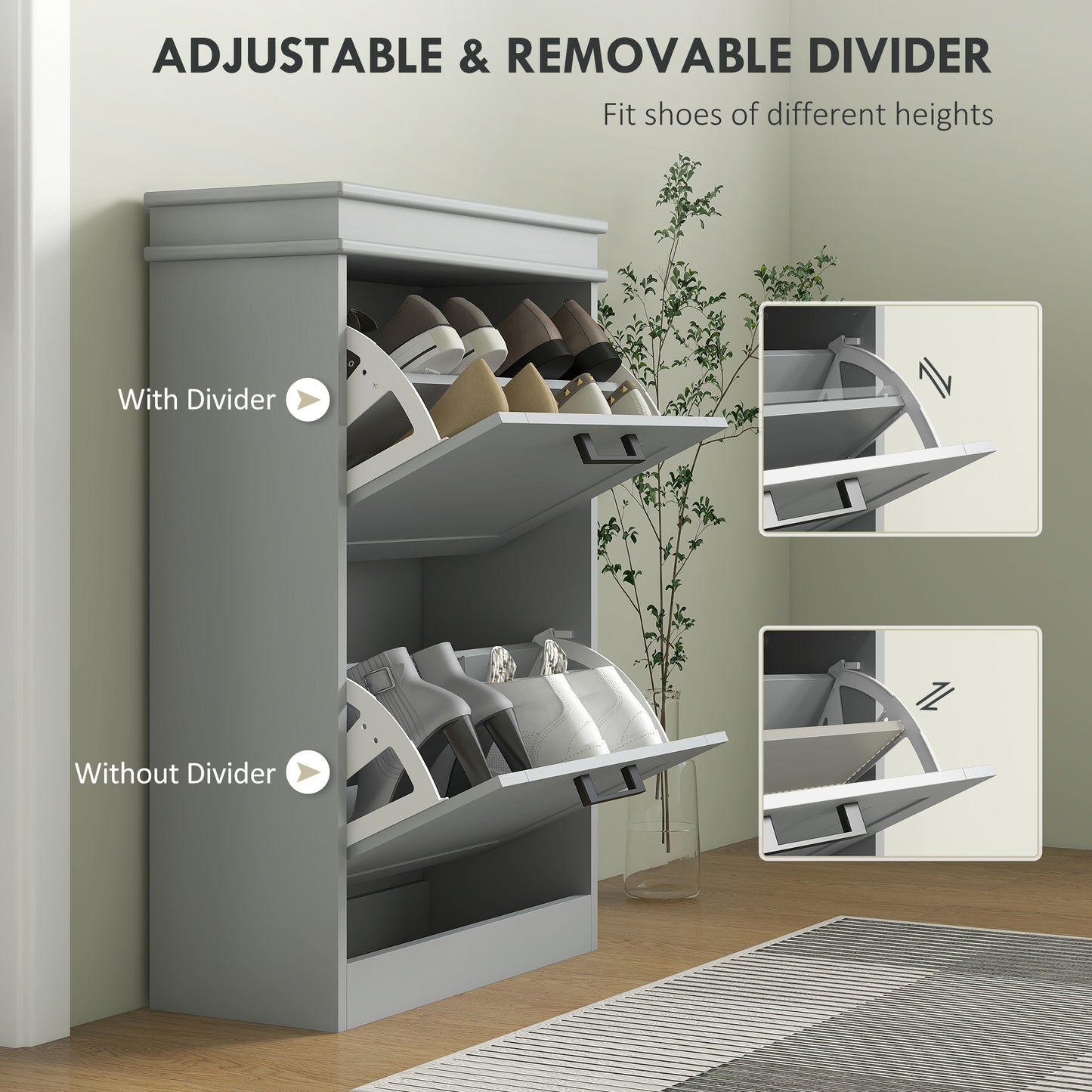 Falifa Wooden Grey Minimal 2 Drawer Shoe Cabinet For 10 Pairs