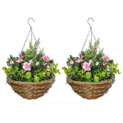 Fifi Set Of 2 Hanging Artificial Lisianthus Flower Displays In Pink And Green