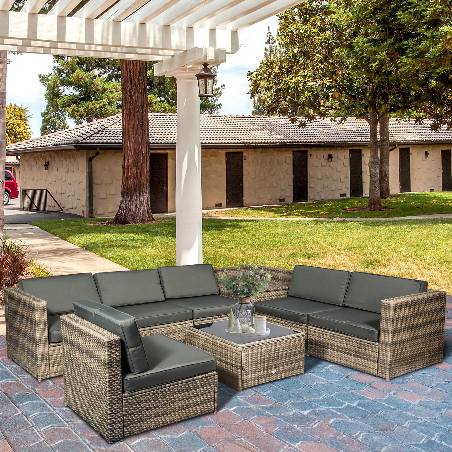 Lofa Rattan Brown 6 Seater Outdoor Corner Sofa Set With Cushions And Glass Coffee Table