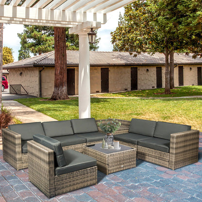 Lofa Rattan Brown 6 Seater Outdoor Corner Sofa Set With Cushions And Glass Coffee Table