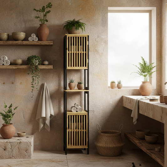 Maritti Tall Bamboo Style Bathroom Storage Cabinet With Cut Out Design