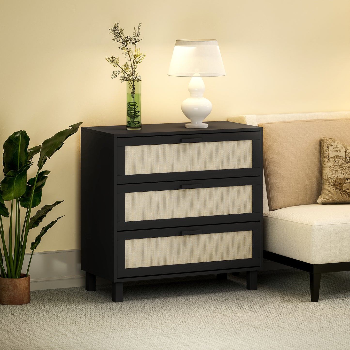 Yorami Wood And Rattan Black 3 Drawer Boho Storage Chest