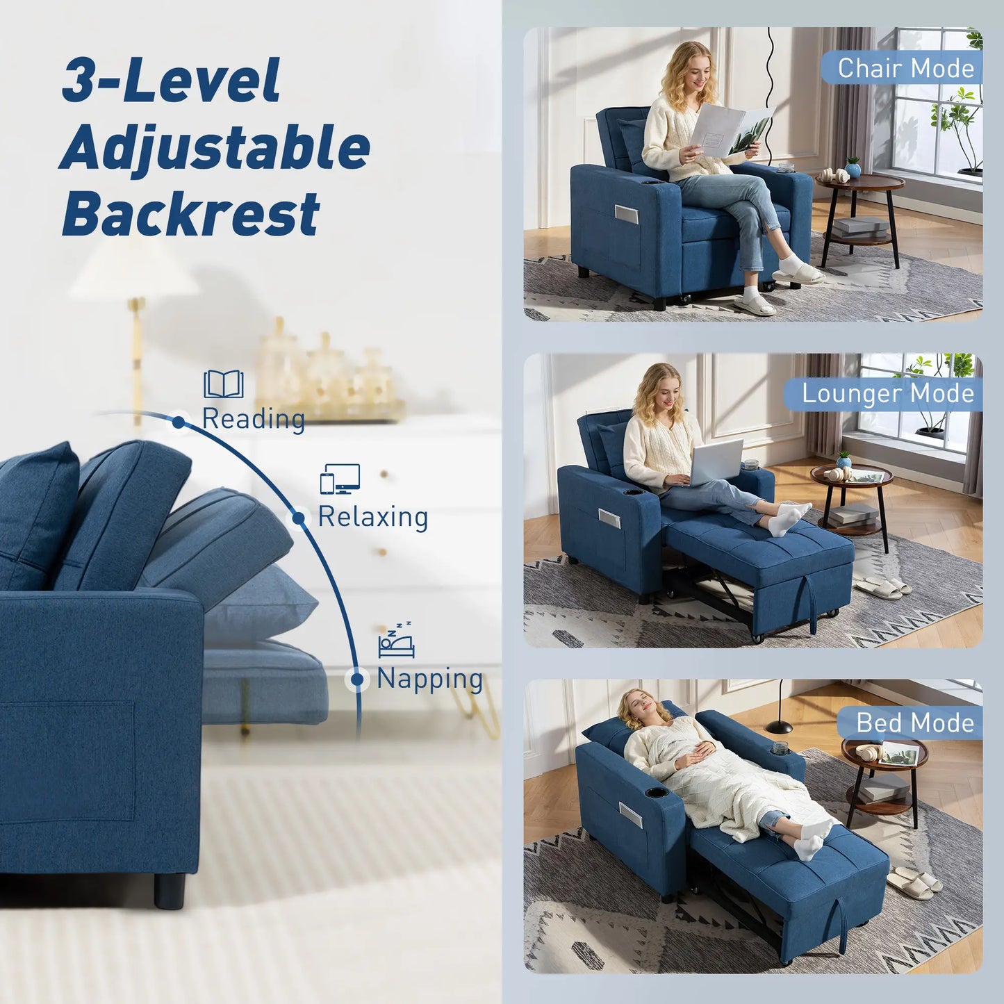 Norapa Fabric Dark Blue 3 In One Convertible Single Sofa Bed