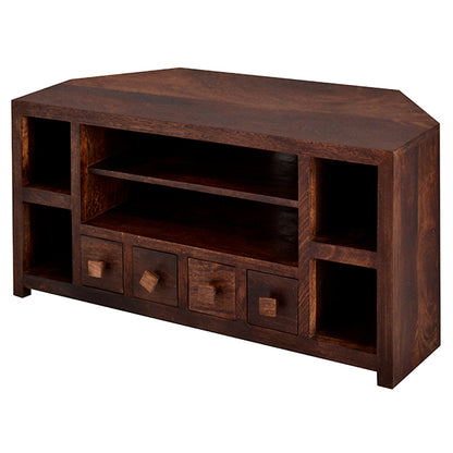 Phuket Dark Mango Wood Corner TV Unit 4 Drawers 6 Shelves