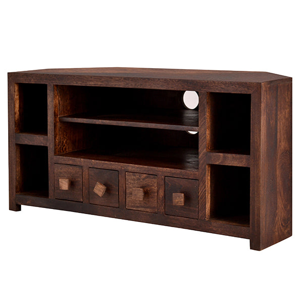 Phuket Dark Mango Wood Corner TV Unit 4 Drawers 6 Shelves