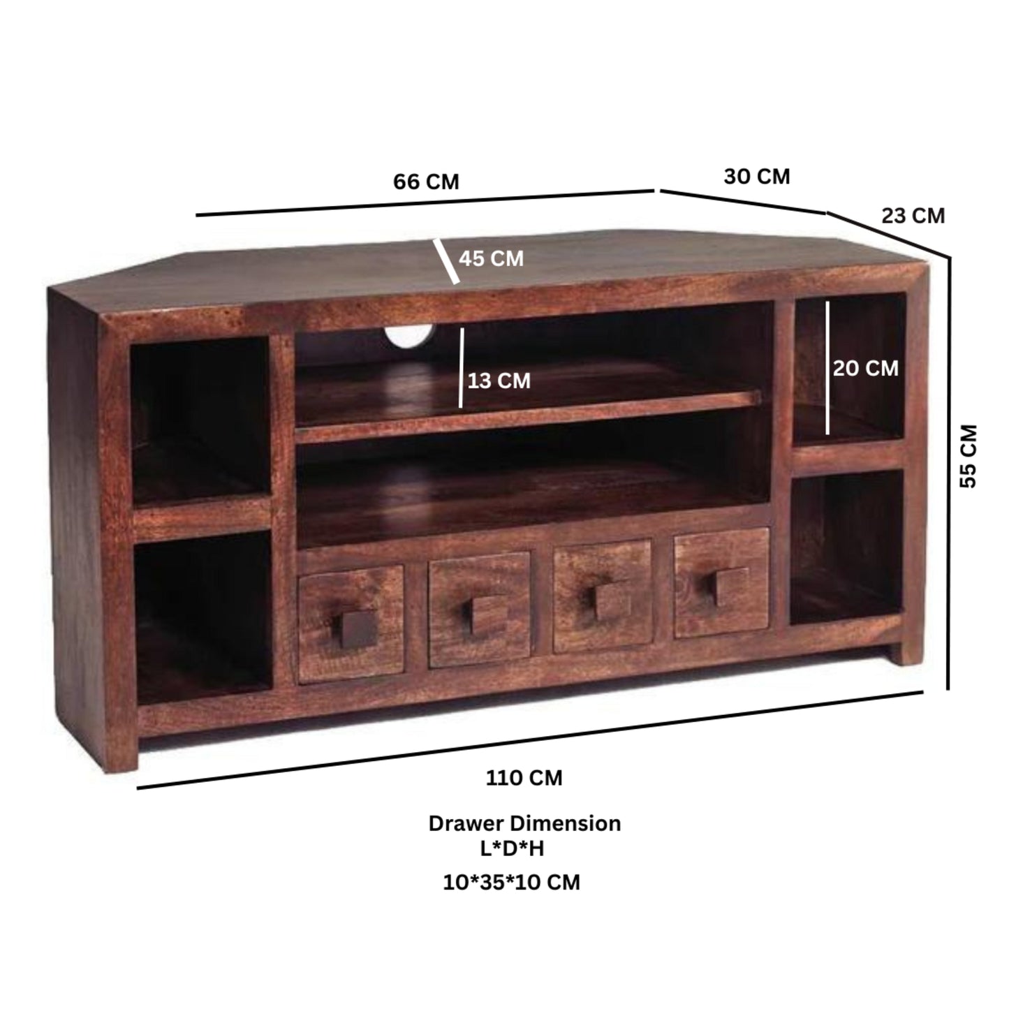 Phuket Dark Mango Wood Corner TV Unit 4 Drawers 6 Shelves
