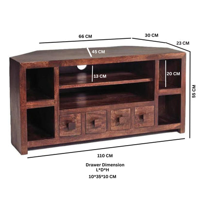 Phuket Dark Mango Wood Corner TV Unit 4 Drawers 6 Shelves