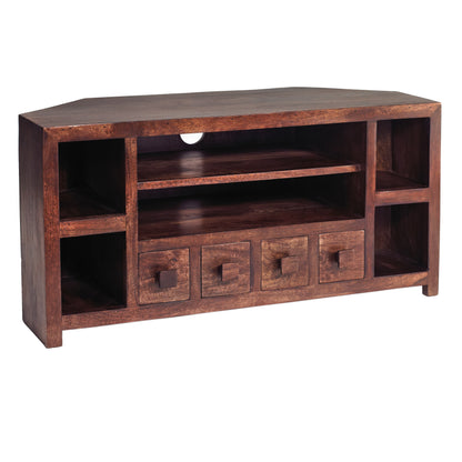 Phuket Dark Mango Wood Corner TV Unit 4 Drawers 6 Shelves