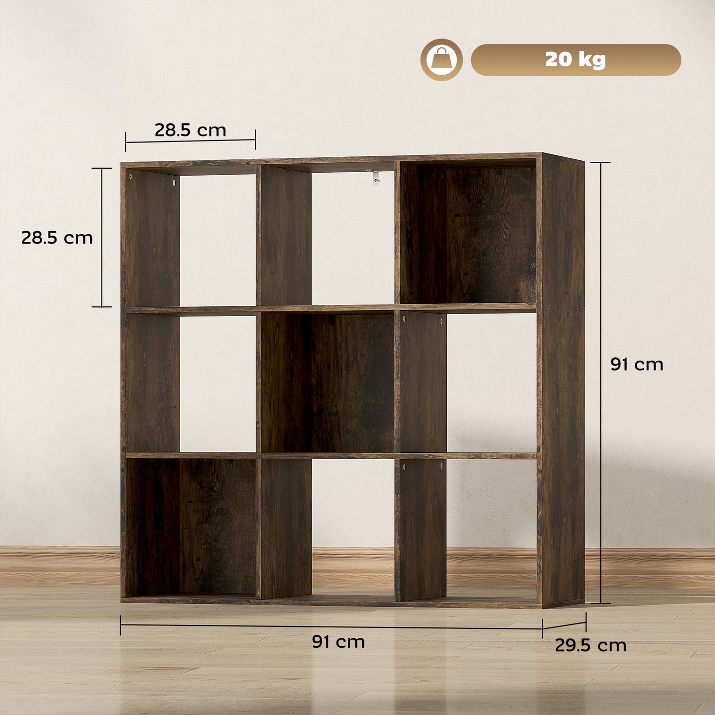 Toleel Wooden Rustic Brown 9 Cube Storage Bookcase