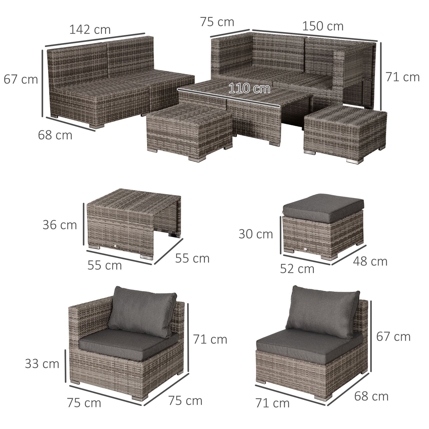 Relu Mixed Grey Rattan 6 Seater Outdoor Garden Sofa Set With Chairs Footstools and Tables