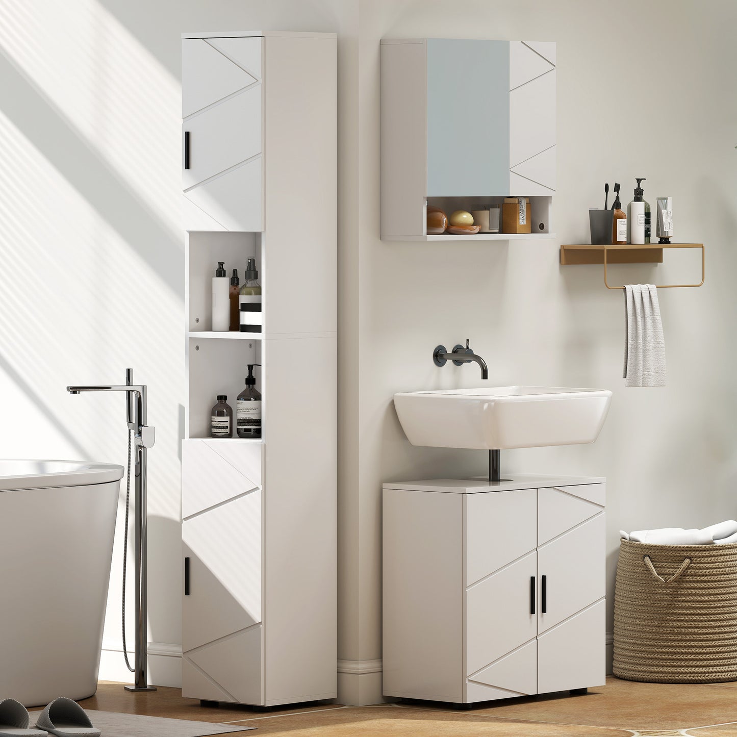 Domifa Tall Bathroom Storage Cabinet With Line Embossed Front And Adjustable Shelves White