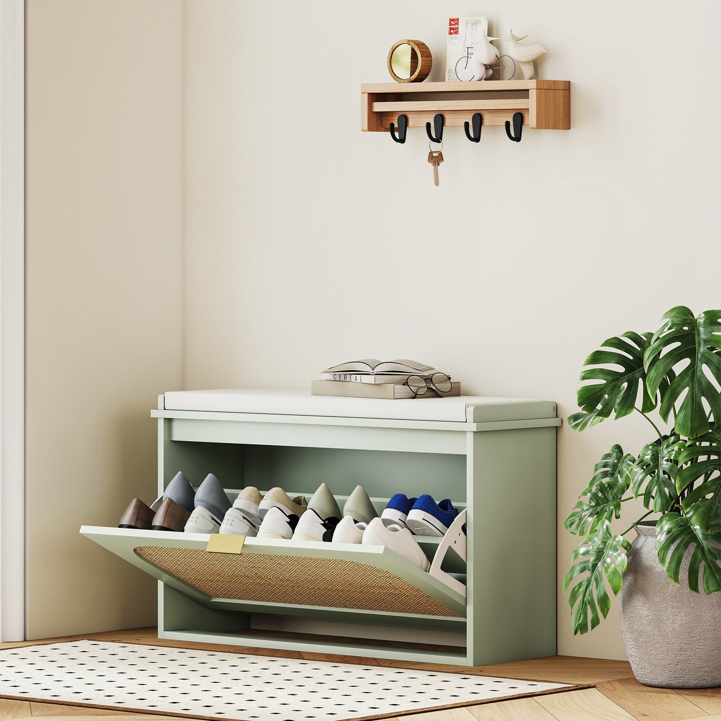 Rikena Coyo Wooden Light Green Boho Style Shoe Bench With Cushioned Seat And Flip Drawer