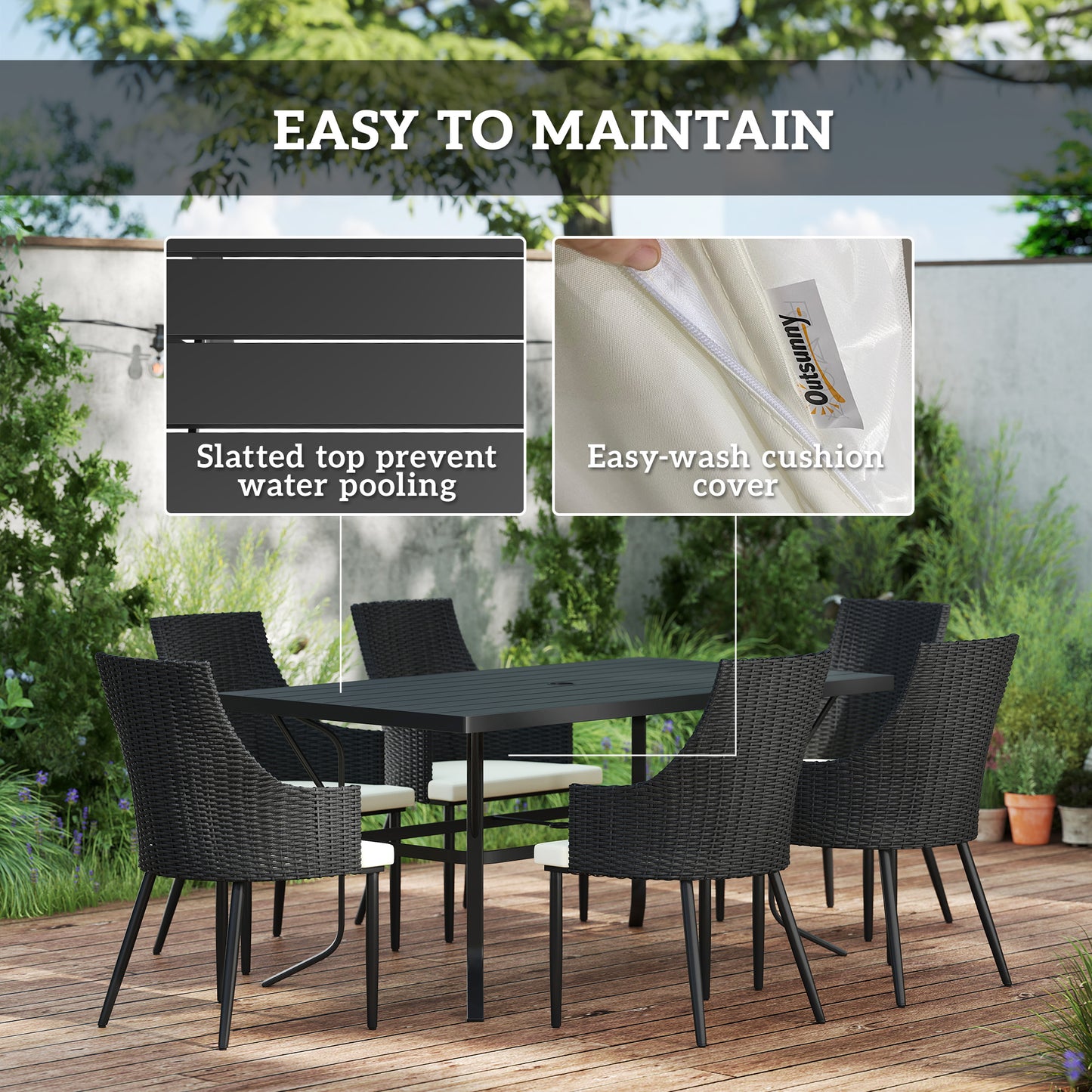 Paluve Black Rattan 6 Seater Outdoor Dining Set with Slatted Table Parasol Hole