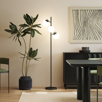 Dorizi Metal Black 3 Light Tree Floor Lamp With Globe Shades And Steel Base