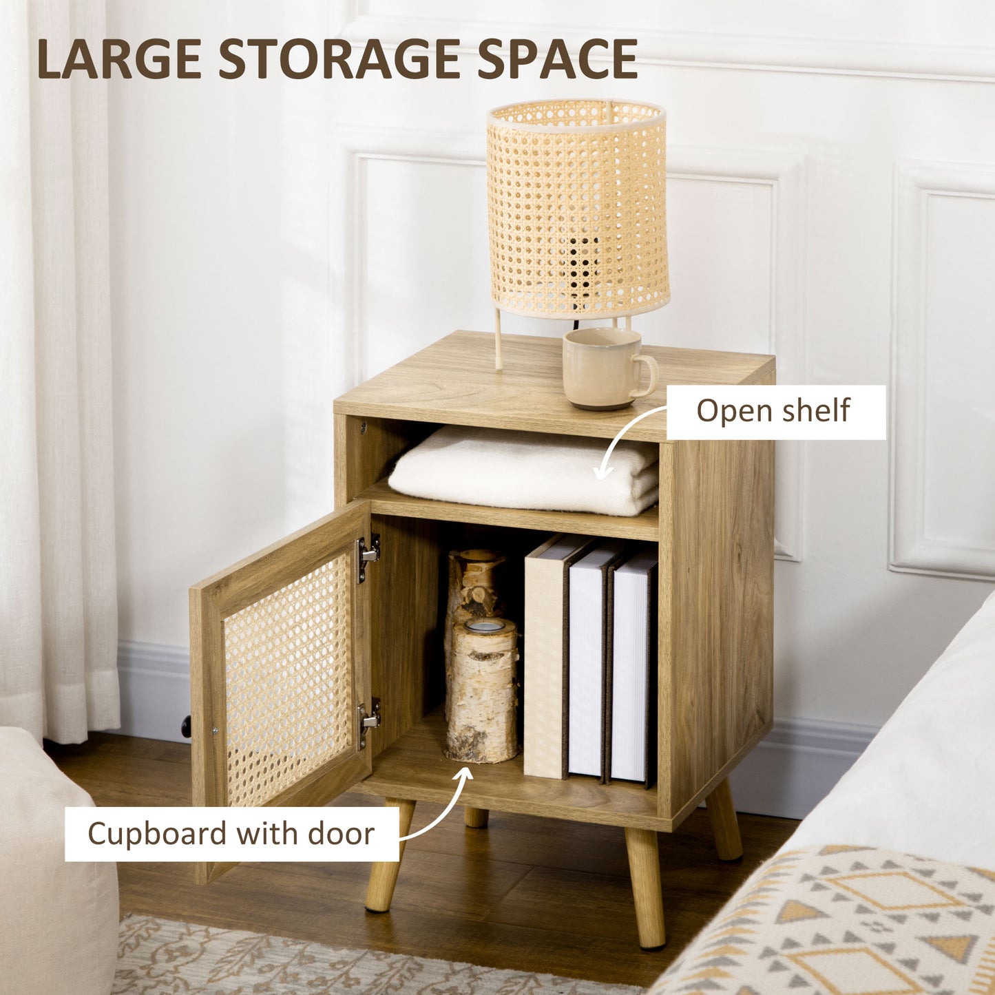 Fiha Set Of 2 Natural Wooden Bedside Tables With Rattan Door And Top Shelf