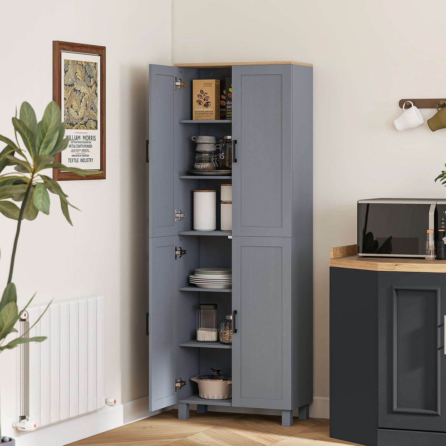Parare 171cm Wooden Grey Wood Effect 4 Door Freestanding Kitchen Pantry Cabinet