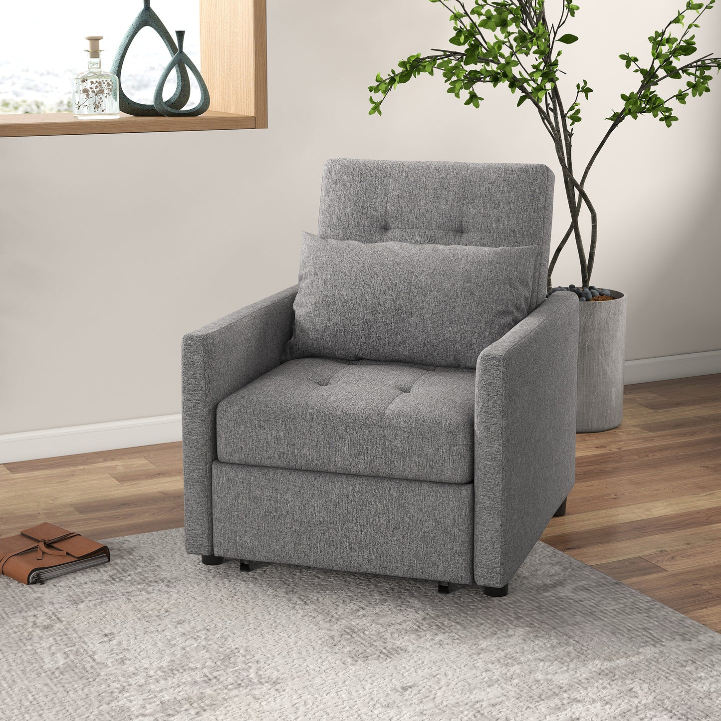 Hala Fabric Grey 3 In One Single Chair Bed With Adjustable Back Pillow And Footrest